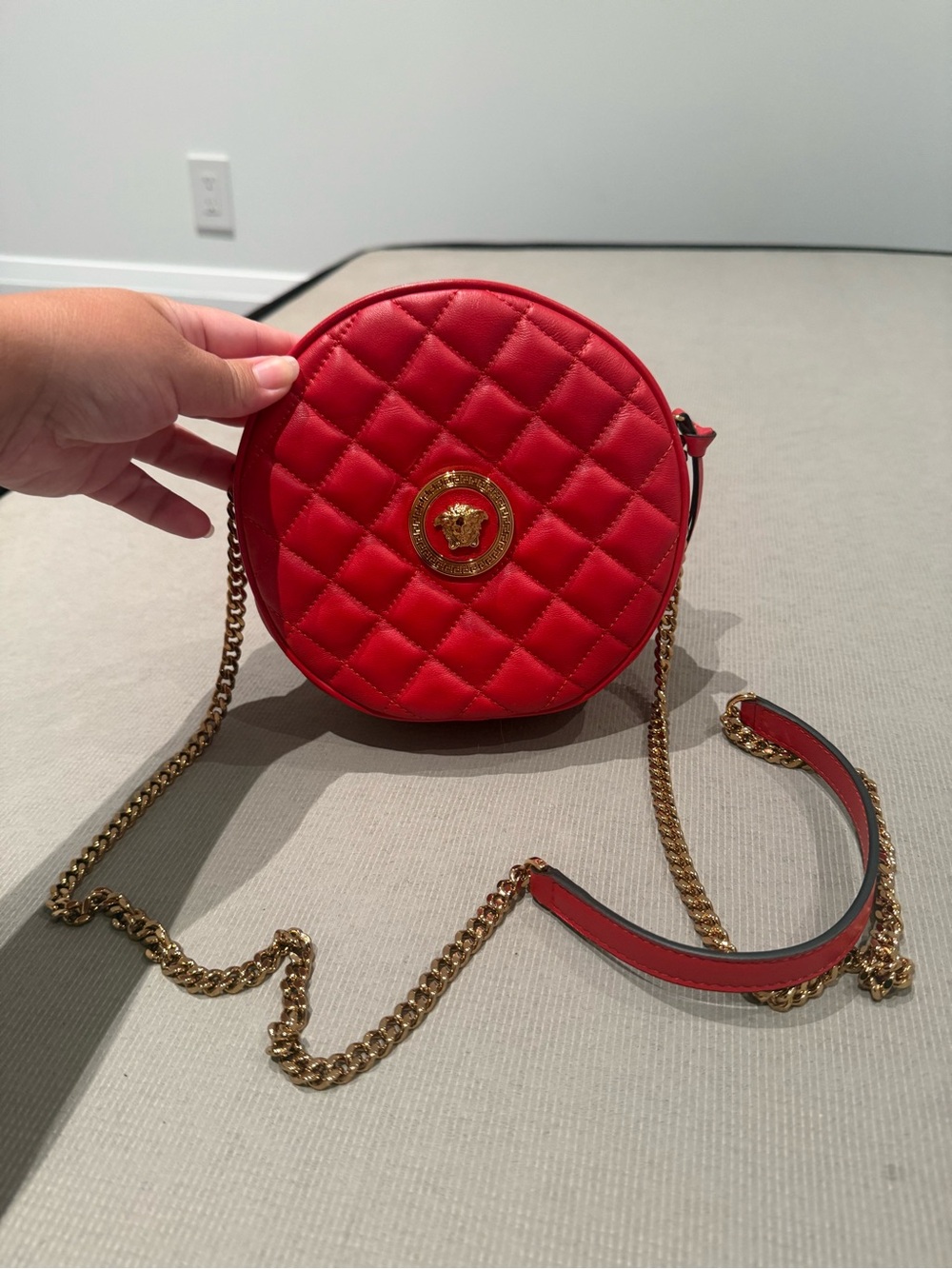 Versace Red Quilted Round Crossbody with Gold Medallion
